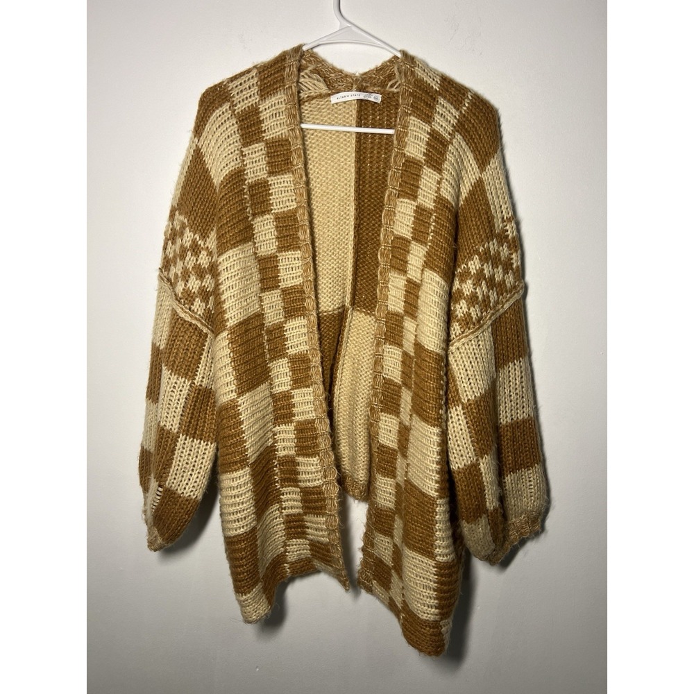 Altar'd State Women's Chunky Knit Colorblock Checked Cardigan Yellow Sweater XL - Picture 2 of 5